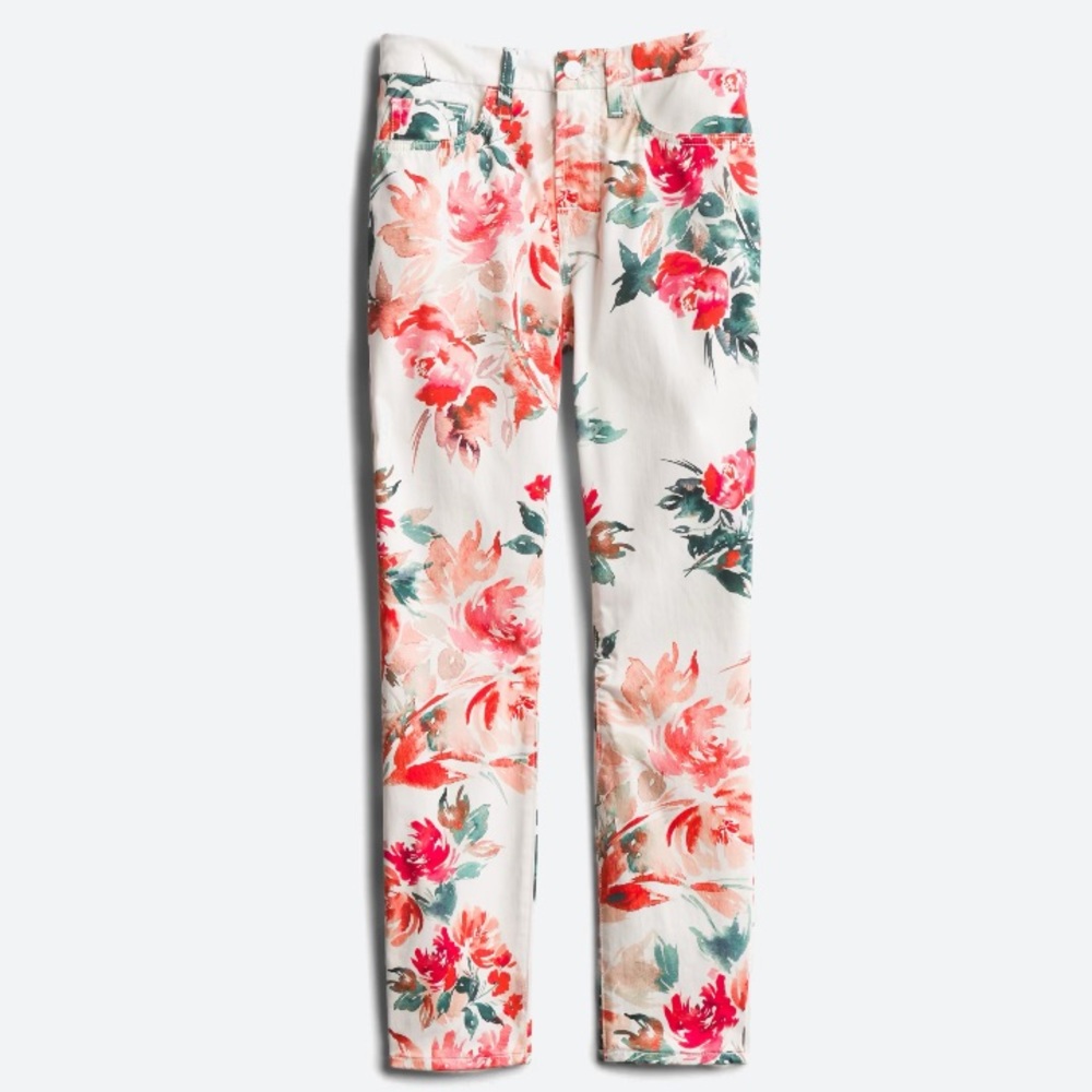 White floral printed sateen finish skinny jeans